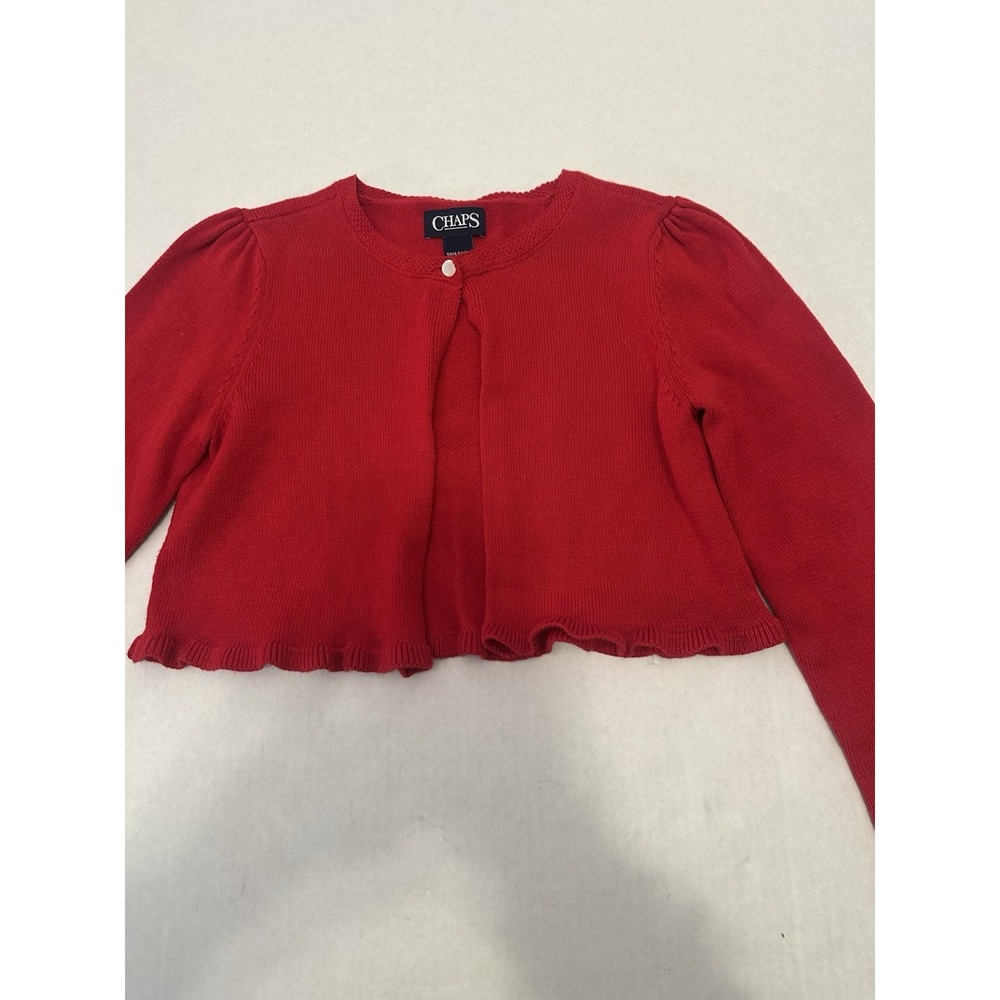 Chaps Red Sweater 6X/6 Girls Cropped Ribbed Neck Puffer Sleeves Single Button